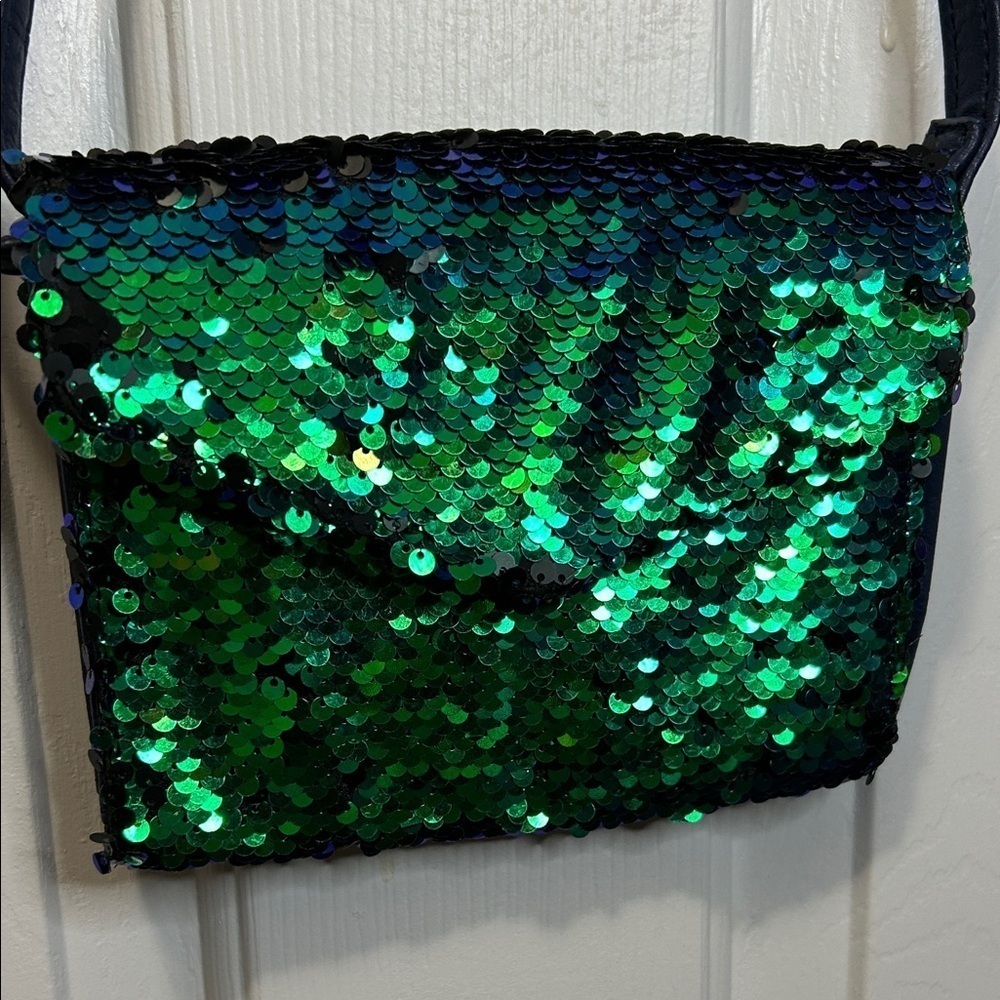 Emerald Green Sequin Crossbody Bag with Blue Accents